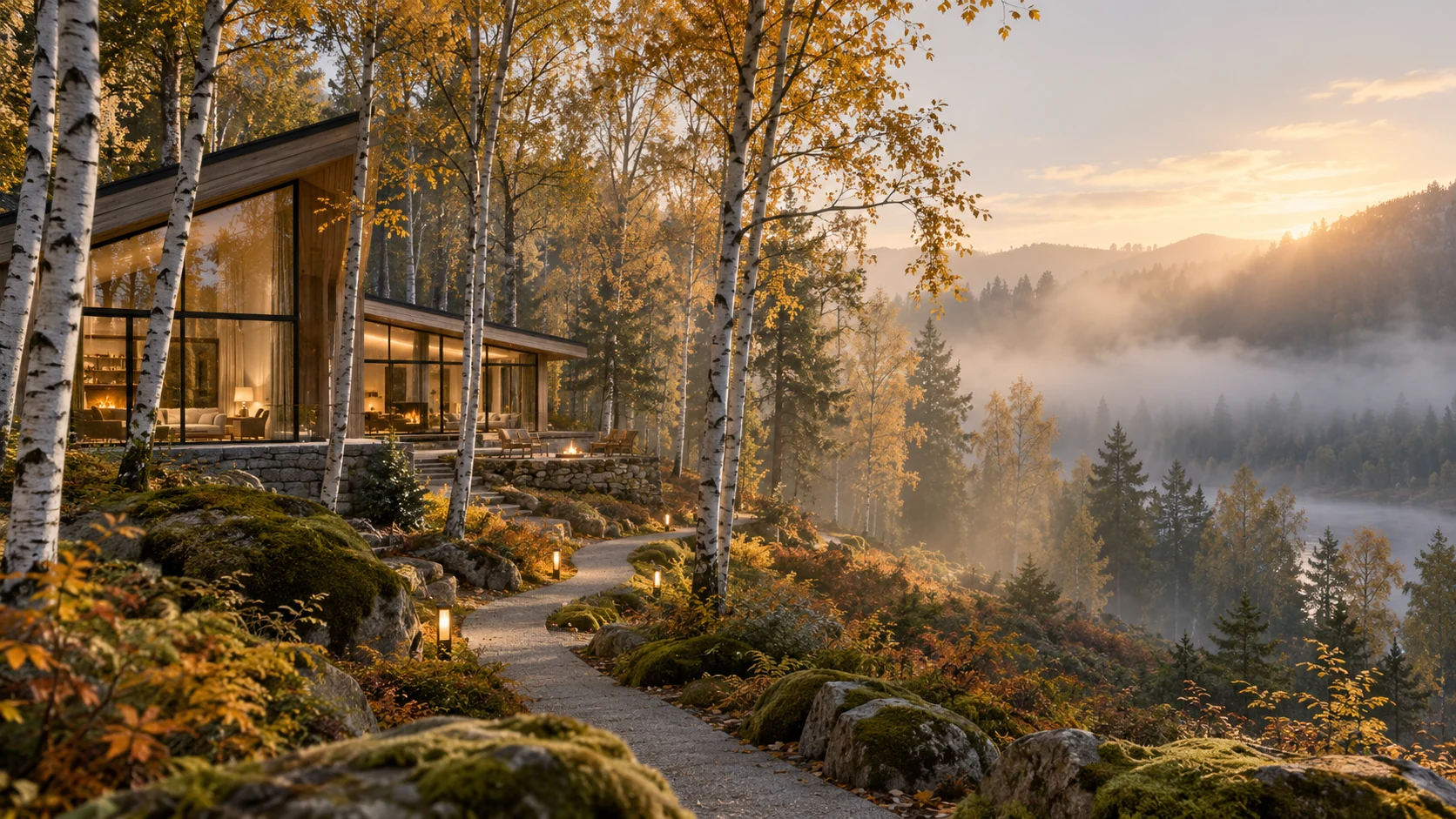 A lodge in a birch forest